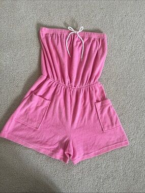 Pink Vintage Strapless Terry Romper with Pockets Tube Top Cover Up 70s 80s